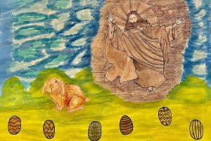 A child's drawing of Jesus, a rabbit and Easter eggs. They are in a green mountain range with a clear blue sky. There is six different types of Easter eggs at the bottom of the drawing, each having a different pattern.