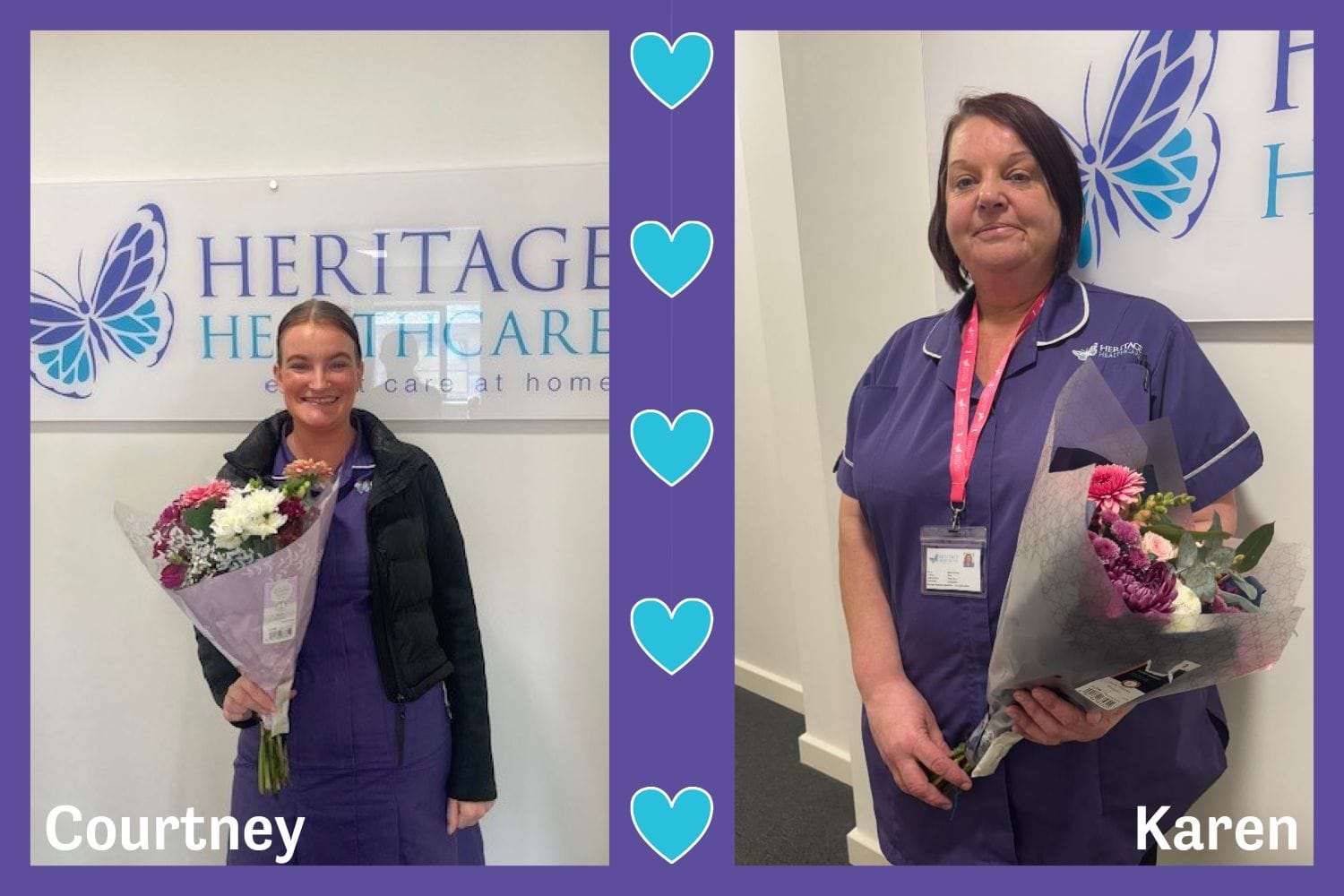 Image showing two female home care assistants in purple uniforms both holding a bunch of flowers and standing in front of a Heritage Healthcare sign