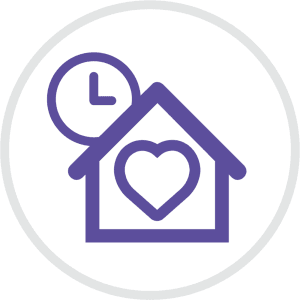 An Icon with an illustration of a house outline with a heart inside and a clock above to denote Live-In Care Service