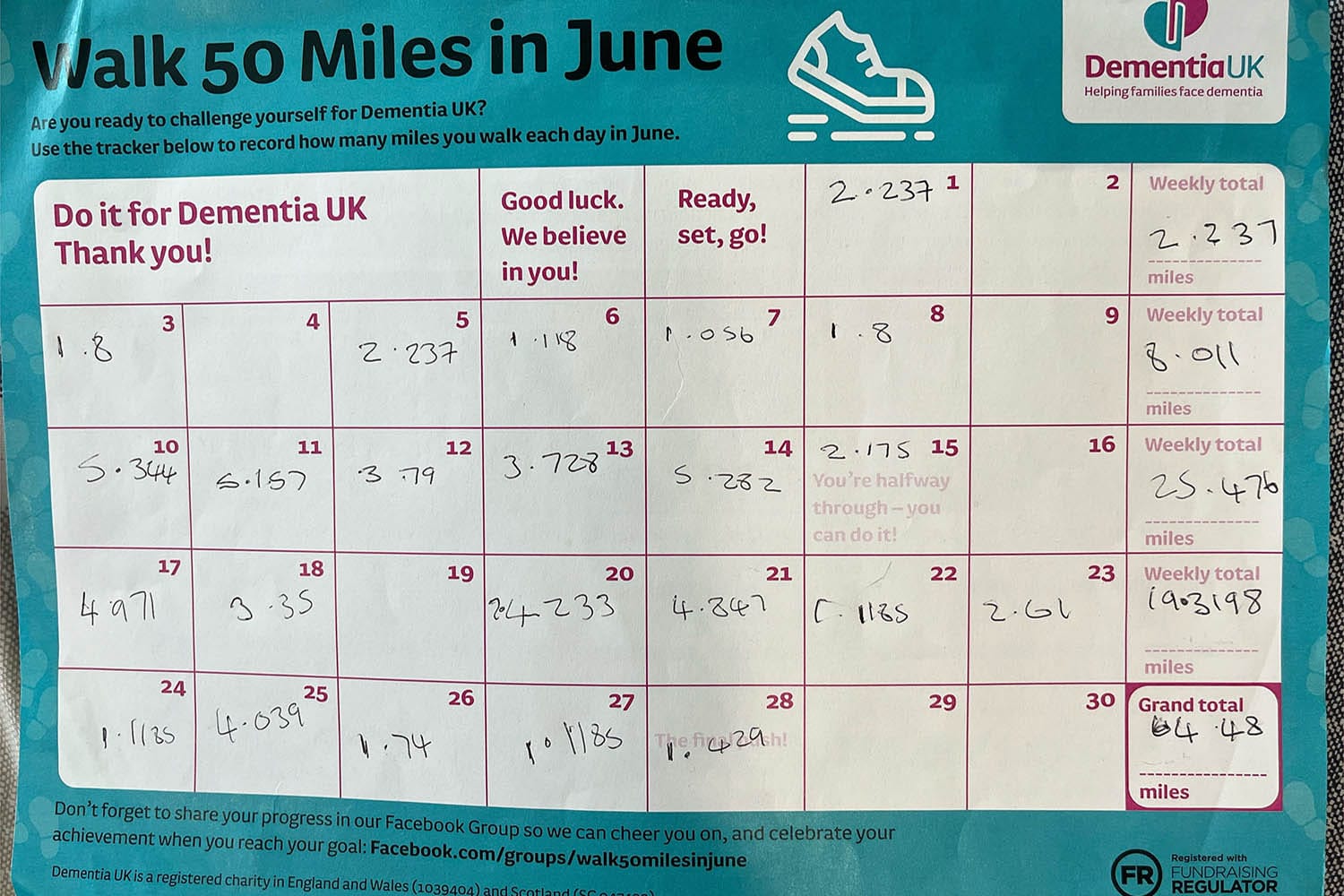 Dementia UK mile tracker. Dementia UK mile tracker. A blue piece of paper with a white table in the middle. The table has each day in June as well as a place to put your weekly total of miles and your grand total of miles.