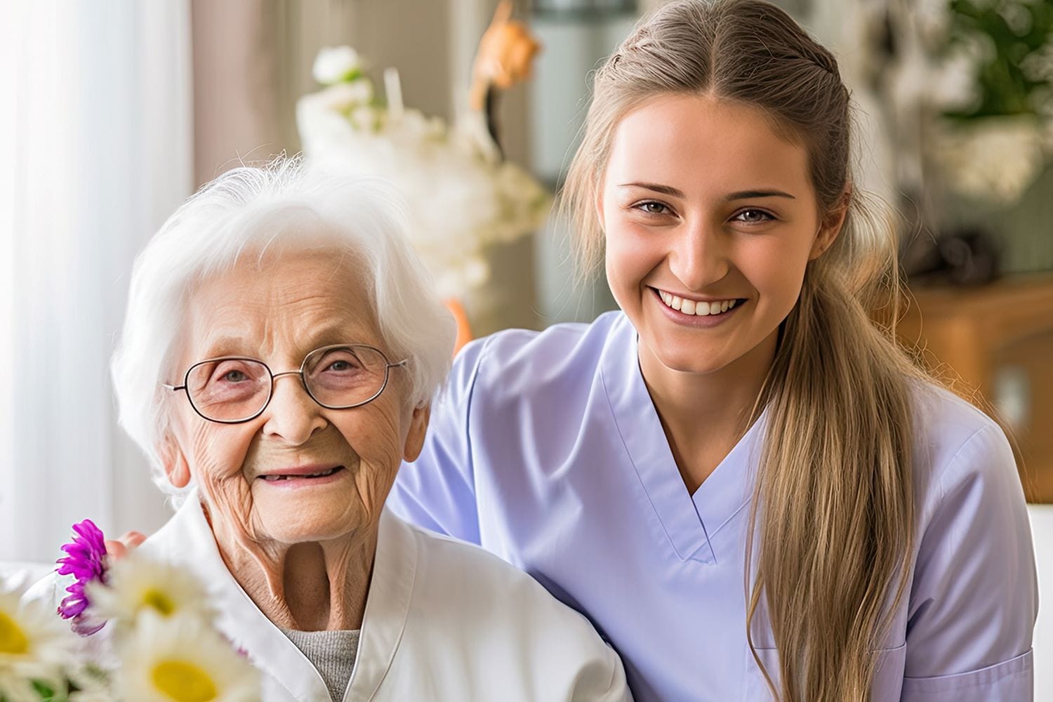 Young female carer with long blonde hair and an elderly lady with grey