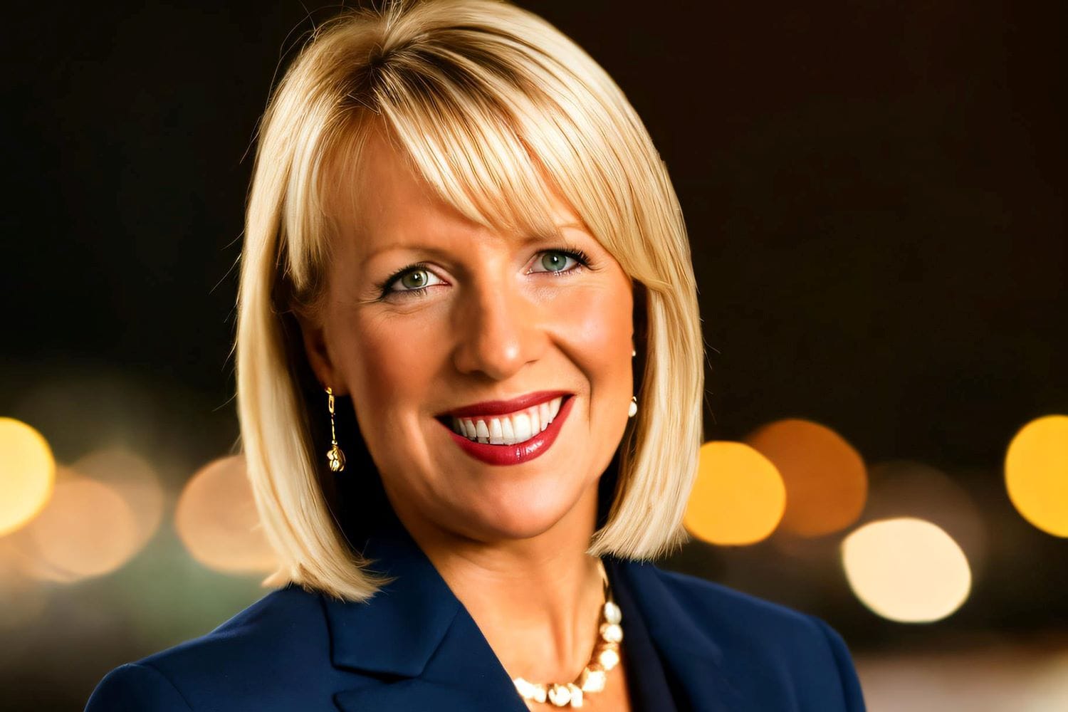 Pretty blonde lady with shoulder length bobbed hair. Wearing red lipstick, a big smile and a dark blue business suit with pearls