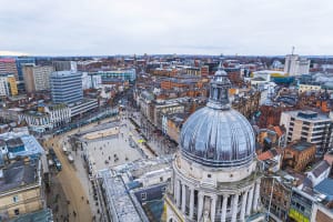 Old Market Square in Nottingham from the sky, offices and houses
