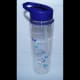 Heritage Healthcare water bottle with time markings, detailing how much water you should have drank by a certain time. The markings start at 8 am and go down to noon before starting at the top from 2 pm till 6 pm. The bottle has a purple top with a purple lid and sipper. The straw inside the cup is see-through.